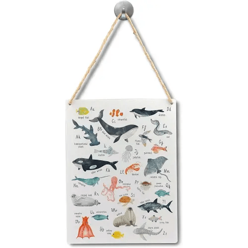 Ocean Nursery Decor, Ocean Sea Animals Alphabet Educational Wood Signs Wall Hanging for Nursery Toddler Kids Boys Girls Room Playroom Decor, 7.8x10.2 Inches Wall Pediments