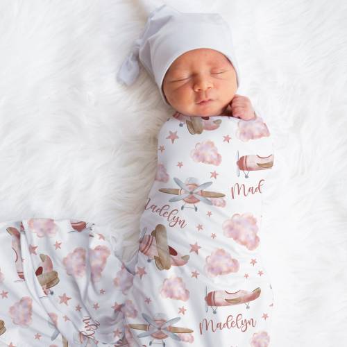 Personalized Airplane Swaddle, Custom Baby Girl Airplane Name Blanket, Pink Clouds Blanket, New Mom Gift, Newborn Gift, Baby Shower Gift