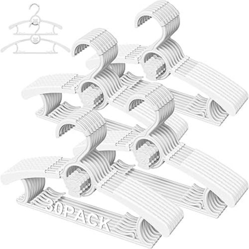 30 Pack Kids Hangers for Nursery Closet, Adjustable Non-Slip Toddler Baby Hangers with Windproof Buckle, 11-14" Infant Child Plastic Clothes Pant Hanger for Boys Girls Newborn Adult, White