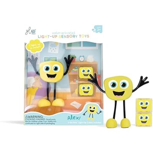 Glo Pals Original Alex Yellow Pal Water-Activated Bath Toy with 2 Reusable Light-Up Cubes for Sensory Play