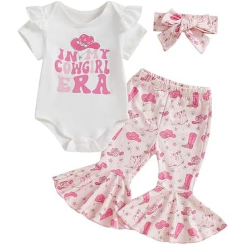Western Baby Girl Summer Clothes In My Cowgirl Era Romper Bell Bottom Flare Pants Set 3Pcs Infant Cowgirl Outfits