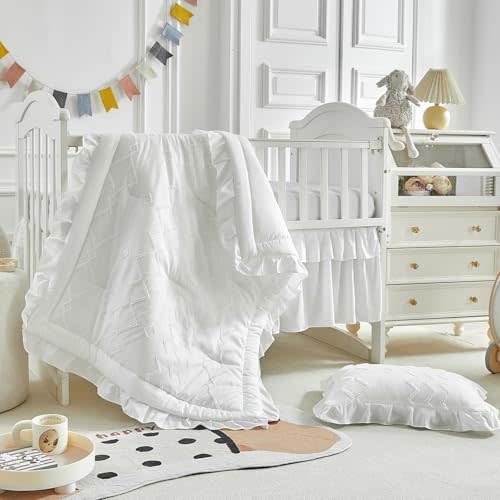 AIKASY The Ruffled Shabby Crib Bedding Set for Girls, Baby Quilted Comforter with Fitted Sheet, Bed Skirt, and Pillowcase（White）