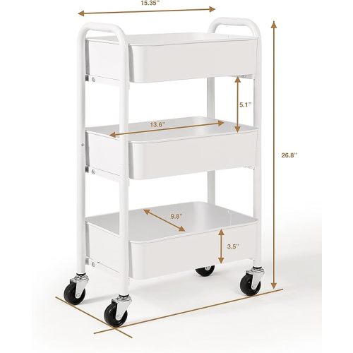 SunnyPoint 3-Tier Delicate Compact Rolling Metal Storage Organizer - Mobile Utility Cart Kitchen/Under Desk Cart with Caster Wheels (WHT, Compact (15.5" X 26.8" X 10.27"))