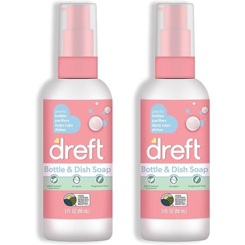 Dreft Bottle and Dish Soap | Made to Clean Baby Bottles, Sippy Cups, Pacifiers, Breast Pumps, & More | Gently Removes Milk Film & Odors | Plant Based, Fragrance Free Dish Soap | 3 Fl Oz (Pack of 2)