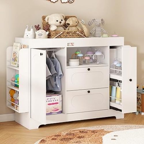 ARTETHYS Changing Table Dresser with Drawers White Diaper Portable Changing Station Nursery Dresser with 2 Drawers & Clothes Hanger, Storage Crib with Change Table Top for Children’s Room