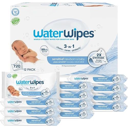 WaterWipes Sensitive+ Newborn & Baby Wipes, 3-In-1 Cleans, Cares, Protects, 99.9% Water, Unscented & Hypoallergenic, 720 Count (12 Packs)