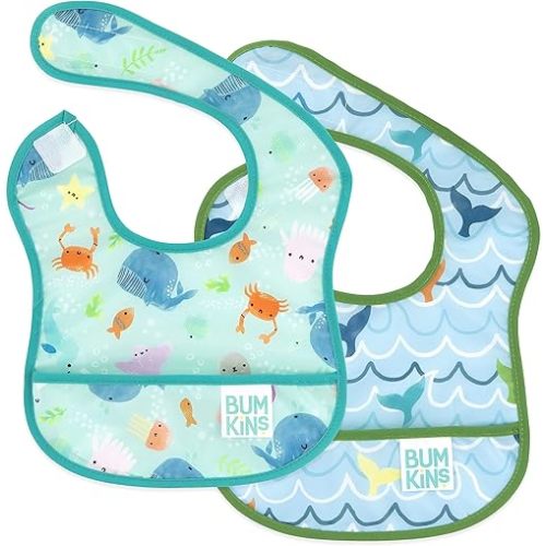 Bumkins Bibs, for Baby Girl or Boy, Infant 3-9 Months, Essential Must Have for Eating, Feeding, Baby Led Weaning Supplies, Mess Saving Waterproof Soft Fabric, Starter Bib 2-pk Blue Ocean Life