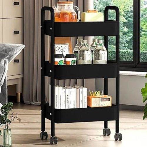 3 Tier Rolling Cart,Metal Utility Cart with Wheels,Detachable Rolling Storage cart, Multifunctional Storage Organizer Trolley for Kitchen, Living Room, Office, Garage(Black, 3 Tier)