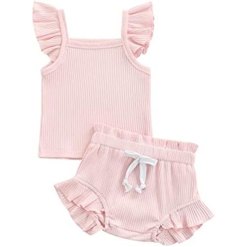 Toddler Baby Girl Summer Short Clothes Ribbed Ruffle Sleeve Tops+Elastic Drawstring Short Pants Two Piece Solid Outfit Set