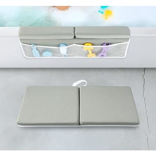 PandaEar Baby Bath Kneeler & Elbow Rest Pad, Comfortable Non-Slip Kneeling Mat Cushion with Toy Organizer Storage Pockets, Foldable Foam Mat for Toddler Bathroom Bathing Time (Grey)