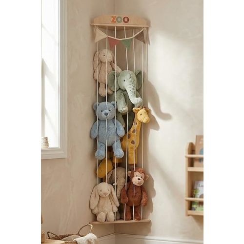 Stuffed Animal Storage Zoo with Decorative Muslin Garland - Cute Wooden Toy Storage Organizer for Kids Playroom or Nursery - Clever and Easy to Assemble Corner Wall Holder Maximizes Small Spaces