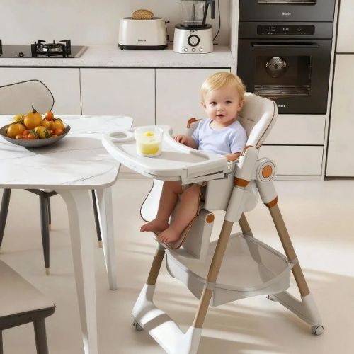 Angel Sar Adjustable Baby High Chair 0-6 Years, Portable Infant Feeding Seat with Safety Belt & Wheels for Home Use, White