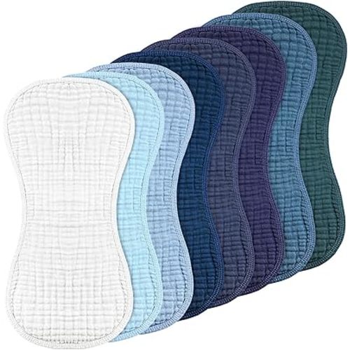 Frienda 8 Pieces Muslin Burp Cloths for Baby Cotton Burp Cloth 10 x 20 Inches Multi Colors Muslin Washcloths Diapers 4 Absorbent Layers Newborn Face Towels for Baby Boy Girl Unisex (Blue Series)