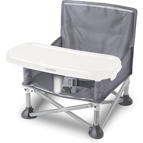 Summer by Bright Starts Pop 'N Sit Portable Booster Chair, Floor Seat, Indoor/Outdoor Use, Compact Fold, Grey, 6 Mos - 3 Yrs