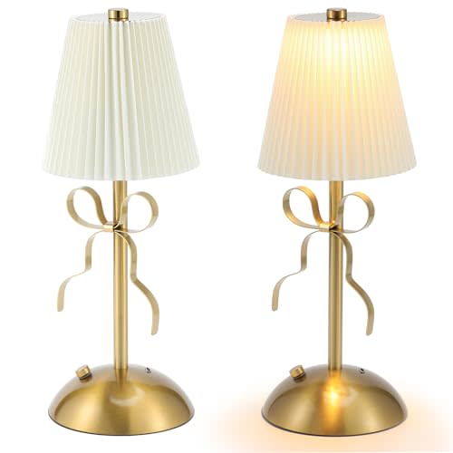 Kittmip 2 Pack Small Gold Bow Table Lamp 12 Inch for Girl's Bedroom Cute Coquette Bow Table Lamp with Fabric Shade Modern Decorative Bedside Light Small Princess Desk Lighting Boho Living Room(White)