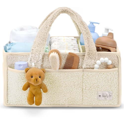 Sweety Fox Baby Diaper Caddy Organizer with Handle - Portable Soft Sherpa Nursery Basket Bag for Baby Care - Great for Car and Home - Ivory