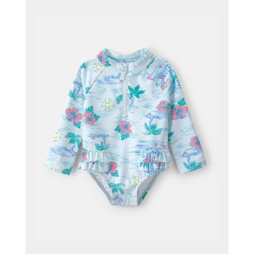 Baby Girl Tropical Beach Long-Sleeve Rashguard Swimsuit - Blue | Carter's
