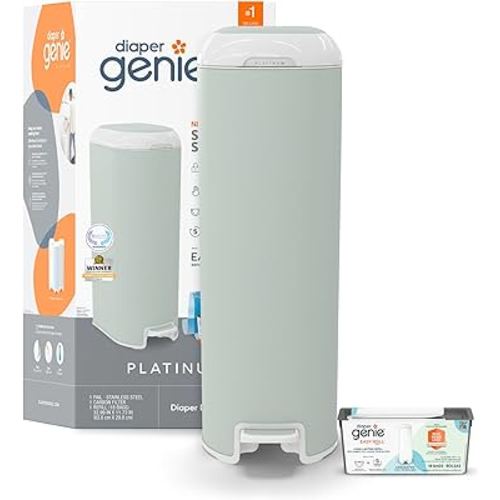 Diaper Genie Platinum Pail (Sage Green) is Made in Durable Stainless Steel and Includes 1 Easy Roll Refill with 18 Bags That can Last up to 5 Months.