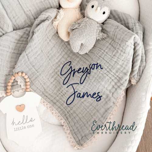 Embroidered Cotton Muslin Baby Blanket, Personalized Baby Blanket, Muslin Custom Name Blanket, Baby Gift Gift for Newborns Baby Shower Gift