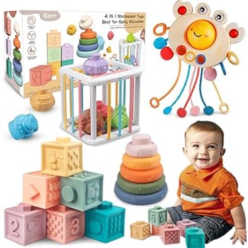 4-in-1 Baby Toys for 6-12 Months, Montessori Soft Stacking Blocks for Babies, Infants Teething Toys, Sensory Balls and Educational Learning Set for and Toddlers (Boys & Girls)