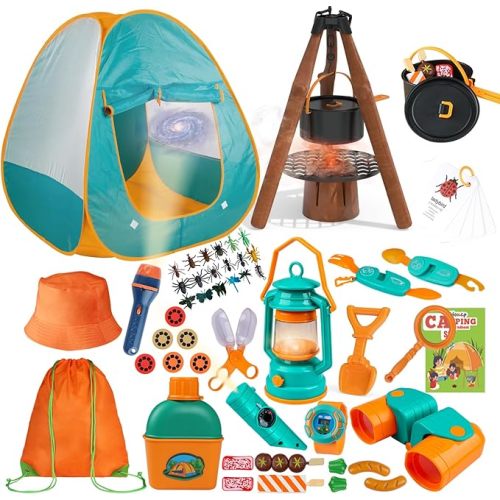 Kids Camping Set 50pcs with Tent & Space Projector Flashlight- Outdoor Campfire Toy Set for Toddlers Kids - Pretend Play Camp Gear Tools for Birthday Christmas