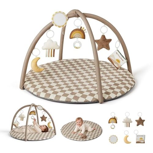 Blissful Diary Baby Play Gym Mat, Play Mat Activity Mat with 6 Detachable Toys for Stage-Based Sensory & Motor Skill Development, Easy to Install & Clean, Baby Essentials Gift, Brown Checkerboard