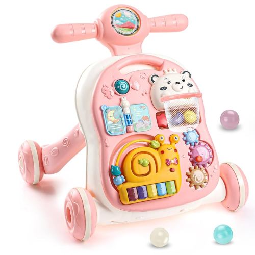 YOLAY 3 in 1 Baby Walker Push with Wheels, Sit-to-Stand Walker for Baby Boy and Girl 6-12 Months with Detachable Play Panel, Stable Handle, Early Learning Activity for Kids (Pink)
