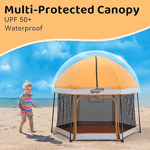 Pamo Babe Travel Playpen with Sun Protection Canopy - Play Yard for Babies and Toddlers - Baby Tent with Zipper Door