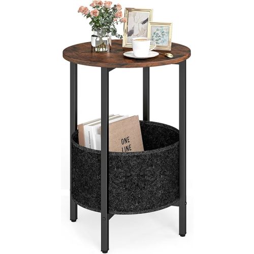Giantex Round End Table, Small Side Table with Removable Fabric Basket, Modern Bedside Table with Metal Frame, Sofa Couch Accent Table for Small Space Living Room, Nightstand for Bedroom, Rustic Brown