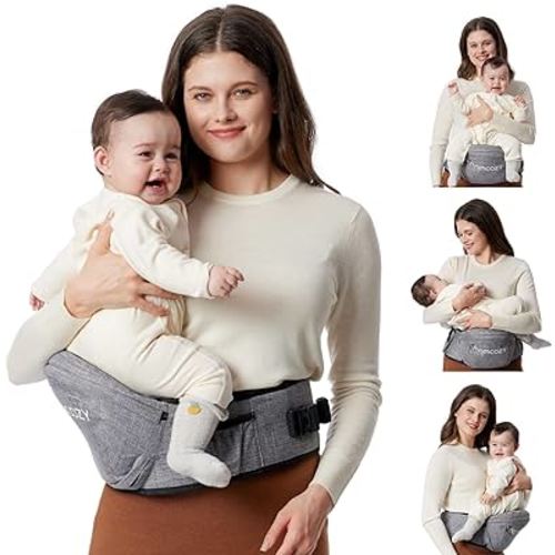 Momcozy Hip Seat Baby Carrier - Adjustable Waistband with Original 3D Belly Protector, Ergonomic Carrier with Various Pockets for Newborns & Toddlers up to 45lbs (Grey, Medium)