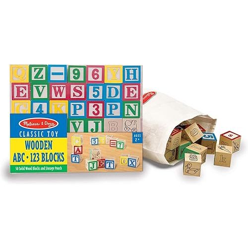 Melissa & Doug Deluxe Wooden ABC/123 1-Inch Blocks Set With Storage Pouch (50 pcs), Classic Letter And Number Wooden Blocks, For Toddlers And Kids Ages 2+
