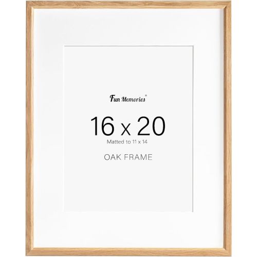 Fun Memories 16x20 Picture Frame, Solid Oak Wood Poster Frames, Modern Photo Frame for Wall 16x20 with 11x14 Mat, High Definition Plexiglass & Wall Hook Included (Beige, 1 Pack)