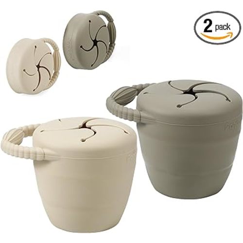 PandaEar Silicone Snack Containers, Collapsible Toddler Snack Cups Spill Proof Food Catcher for Toddler Baby, Pack of 2 -Light Tan/Walnut