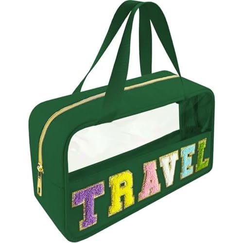 Bunliuys Chenille Letter Clear Makeup Bag Travel Patch, Travel Toiletry Makeup Bag with Handle, Nylon Waterproof Makeup Bags clear cosmetic bag, preppy patch makeup bag for Women (TRAVEL-Dark Green)