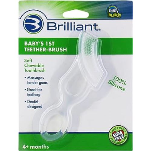 Brilliant Oral Care Baby’s First Toothbrush, Smooth Silicone Bristles Gently Clean Tender Teeth and Gums, for Ages 4+ Months, Clear, 1 Pack