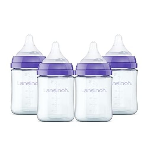 Lansinoh Anti-Colic Glass Baby Bottles, 5 Ounces, 4 Count, Includes 4 Extra Slow Flow Nipples (Size XS, Newborn), Baby Essentials