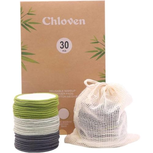 Chloven 30 Pack Reusable Makeup Remover Pads - Bamboo Cotton Rounds for Toner, Washable, Eco-Friendly for All Skin Types with Cotton Laundry Bag