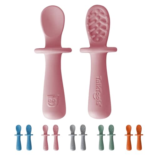 TalkTools ITSY Tiny Silicone Spoons – Twin Pack Soft Silicone Self-Feeding Training Spoons for Kids & Toddlers, Anti-Choking Flange Guard and Non-Slip Handle (Bubblegum)