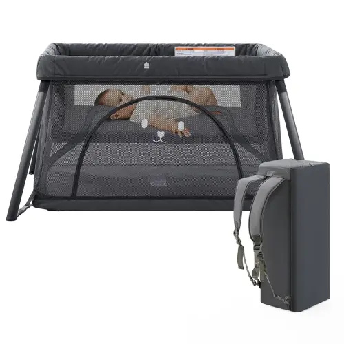 Travel Crib,Portable Crib for Baby, Pack and Play for Babies and Toddler, Lightweight Backpack Design,Foldable Travel Baby Playpen with Mattress(Dark Grey)