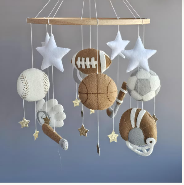 ***SPORT MAXI*** Felt Sports Baby Mobile: Baseball, Football & Tennis Nursery Decor