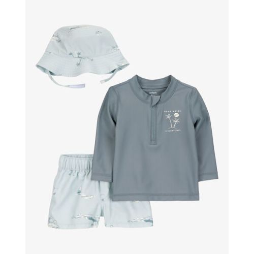 Baby 3-Piece Long-Sleeve Rashguard, Swim Trunk & Swim Hat Set - Grey/Blue - Carter's | Carter's