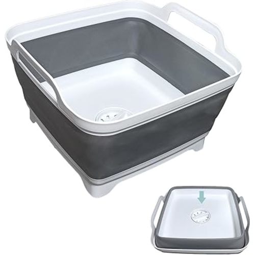 Moodyin Collapsible Wash Basin, 9L Portable Camping Sink, for Washing Dishes, Fruits and Clothes - with Handle, Drain Plug and Filter, Suitable for Home Use, Camping, RV Travel Kitchen (Gray)