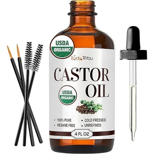 Organic Castor Oil (4oz) - 100% Pure Natural Cold-Pressed Hexane-Free USDA Certified - Glass Bottle - Hair Growth Oil for Scalp Eyelashes Face Skin - Dry Skin Moisturizer Natural Hair Care