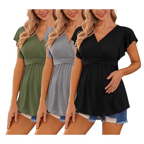 Ekouaer Maternity Shirts 3 Packs Flying Short Sleeve Nursing Tops Pregnancy Clothes
