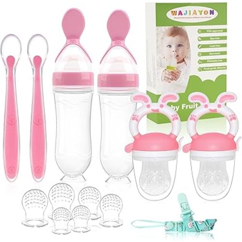 WAJIAYON Baby Fruit Feeder Pacifier - 6 Pack | 2 Baby Fruit Food Feeder Pacifier & 2 Baby Food Dispensing Spoon | Fresh Fruit Teethers for Babies | Silicone Feeder Baby,Mesh Baby Feeder (Pink-Rabbit)