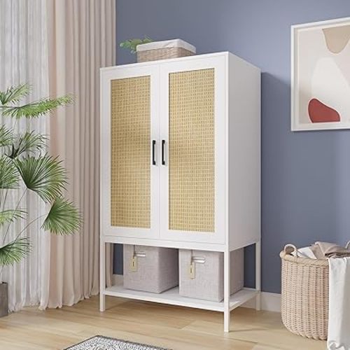 Wardrobe Closet with 2 Doors,Rattan Bedroom Armoires with Hanging Rod Freestanding Wooden Wardrobe Cabinet with Shelves,White