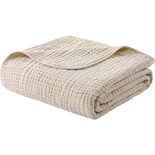 Yoofoss Muslin Blanket 100% Cotton Throw Summer Blanket Large 50" x 60" for Bed Couch 6-Layer Gauze Blanket for Adults Lightweight and Breathable Apricot White