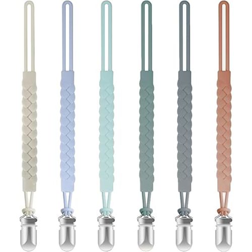TenderBabe Silicone Pacifier Clip for Baby Boys and Girls, Pack of 6 Soft Flexible Paci Binky Clips with One-Piece Braided-Style Design,BPA-Free Newborn Essentials