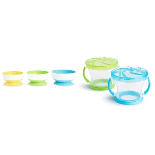 Munchkin® Stay Put™ Suction Bowls for Babies and Toddlers, 3 Pack, Blue/Green/Yellow & ® Snack Catcher® Toddler Snack Cups, 2 Pack, Blue/Green