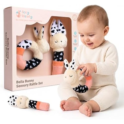 Bella Bunny Soft Baby Rattle Toys for Babies 0-6 Months (2 Pack), High Contrast Baby Toys for Newborn, Plush Baby Rattles & Rings, Baby Girl Gift
